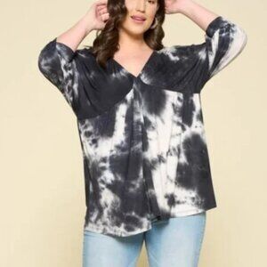 Oddy Plus Size Tie Dye Printed Knit Top V-Neck Black & White *Reposh*